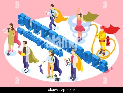 Gewöhnliche Menschen Superhelden isometrische kreisförmige Komposition mit Sänger Wissenschaftler Apotheker Maler Feuerwehrmann Tänzer tragen Cape Vektor Illustration Stock Vektor