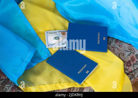 Flagge der Ukraine, Pass und Banknoten der Landeswährung, auf grünem Hintergrund, Draufsicht, flach, das Konzept der Reisevorbereitung, Tourismus Stockfoto