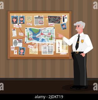 Detective Board Polizist Komposition mit Doodle Stil menschlichen Charakter des Ermittlungsbeamten Blick auf Untersuchung Materialien Vektor illustrative Stock Vektor