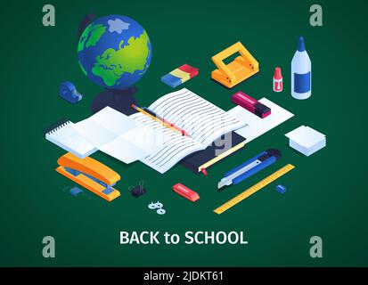 Schule Schreibwaren Konzept mit Rücken zur Schule Symbole isometrische Vektor-Illustration Stock Vektor
