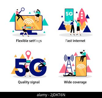 Satz von vier 5G Internet-Kompositionen mit editierbarem Text und flachen Bildern mit Elektronik und People-Vektor-Illustration Stock Vektor