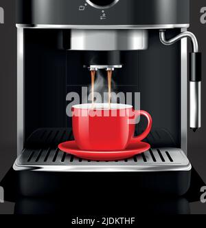 Kaffeemaschine mit Tasse realistische Zusammensetzung mit Frontansicht und dampfenden Federn von heißen flüssigen Getränken Vektor-Illustration Stock Vektor