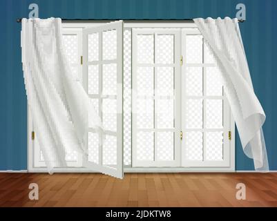 Offene Fenster wogenden Vorhänge innen Zusammensetzung mit transparenten Blick aus dem Fenster und hängende Vorhänge mit Stab-Vektor-Illustration Stock Vektor