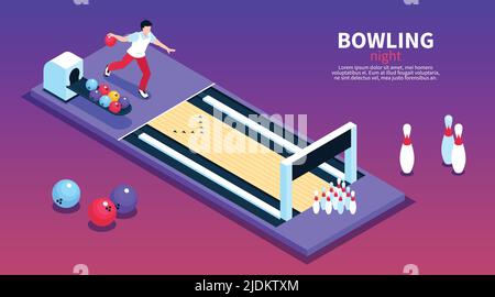 Bowling Lounge Nacht Party Unterhaltung Idee isometrische Gradienten Hintergrund horizontale Banner mit Spieler werfen Ball Vektor Illustration Stock Vektor