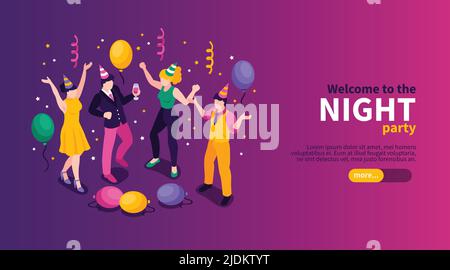 Isometrisches Feuerwerk feiert horizontales Banner mit editierbaren Text-Schieberegler-Taste und Zeichen der festlichen Party Menschen Vektor-Illustration Stock Vektor