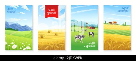 Realistische Banner mit Sommerfarm Landschaften und Kühe auf Feld isoliert Vektor-Illustration gesetzt Stock Vektor