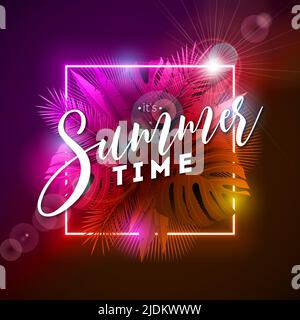 Sommerurlaub Design mit leuchtendem Neonlicht auf dunklem Hintergrund. Vektorgrafik mit Typografie-Schriftzug und Palmenblatt für Banner, Flyer Stock Vektor