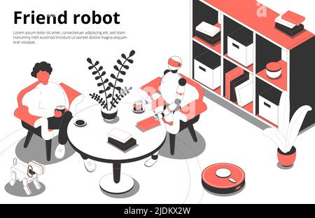 Kaffee zu Hause mit humanoiden Roboter Begleiter Freund intelligente elektronische Spielzeug Haustiere isometrische Zusammensetzung Vektor Illustration Stock Vektor