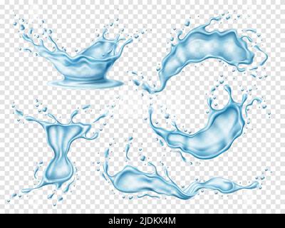 Realistische Wasserspritzer. 3D isoliertes, klares, spritzwasserbespritztes Wasser, Frische und Reinheitsaqua, fließende und fallende blaue Tropfen, flüssige Wellen mit Wirbeln Stock Vektor