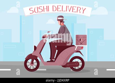 Sushi Lieferung flache Komposition mit Text und Ansicht der Autobahn mit Lieferung Junge Reiten Motor Fahrrad Vektor Illustration Stock Vektor