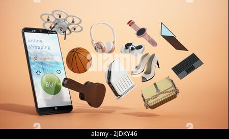 Smartphone mit Online-Shopping-Schnittstelle und schwebenden Objekten in der Luft. 3D Abbildung. Stockfoto