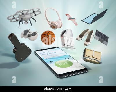 Smartphone mit Online-Shopping-Schnittstelle und schwebenden Objekten in der Luft. 3D Abbildung. Stockfoto