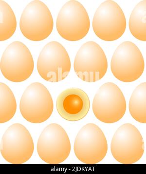 Hühnereier weiß, symmetrisch gelegen. Ein Ei in zwei Hälften geschnitten. Nahtloses Muster auf transparentem Hintergrund Stock Vektor