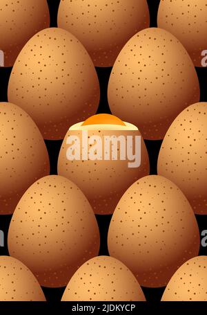 Hühnereier braun mit Flecken. Ein Ei wird darauf geschält. Nahtloses Muster auf schwarzem Hintergrund Stock Vektor