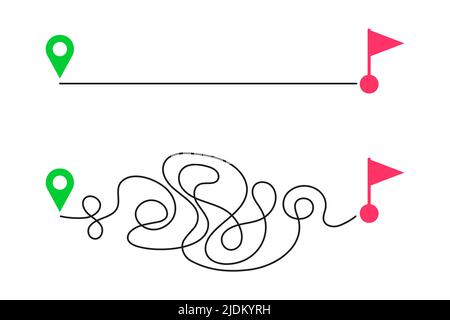 Gerade und gekrümmte Pfade von der Startkarte bis zum Zielflaggenzeichen. Einfach und hart, schnelle und langsame Lieferung, Erwartung und Realitätsplan, ideales und reales Konzept. Vektorgrafik flach Stock Vektor