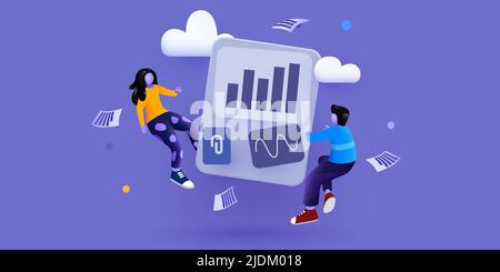Personen, die mit Diagrammen interagieren, Statistiken und Daten analysieren. Elemente der Geschäftslösung. Teamwork-Konzept. Vektorgrafik Stock Vektor