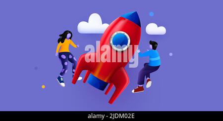 Menschen fliegen um große Rakete. Startup und Start Business-Konzept. Webseite, Banner, Präsentation. Startprozess für Geschäftsprojekt. Vektorgrafik Stock Vektor