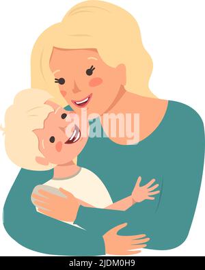 Mama mit blonden Haaren umarmt ihren Sohn. Alles gute zum Muttertag. Kinderschutztag. Frau kümmert sich um Jungen. Glückliche Menschen mit weißen Haaren. Das Kind und die Eltern lachen. Vektorgrafik flach Stock Vektor