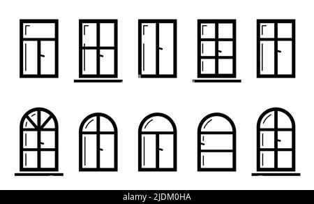 Windows-Symbol, Glyphen-Stil einstellen. Schwarze Ikonen. Bogen und runde Fensterrahmen Stock Vektor