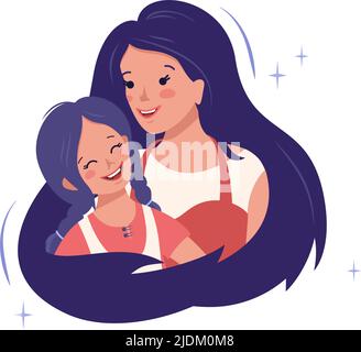 Mutter umarmt ihre Tochter. Alles gute zum Familientag. Mutter liebt das Kind. Internationaler Frauentag. Elternschaft und Fürsorge. Nette schöne Menschen mit blauen Haaren und Gesichtern. Vektor flache Cartoon-Illustration Stock Vektor