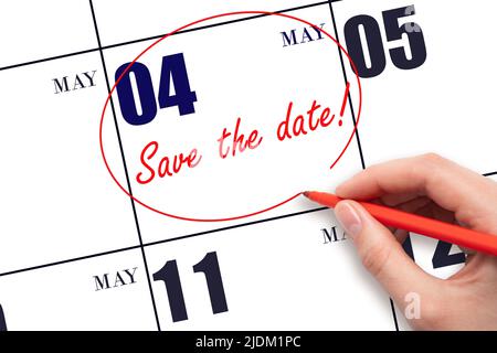 4. Tage im Mai. Handzeichnung rote Linie und Text schreiben Speichern Sie das Datum am Kalenderdatum Mai 4. Frühling Monat, Tag des Jahres Konzept. Stockfoto