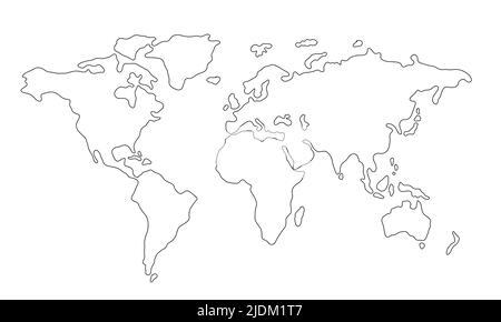 Linienkontur der Weltkarte isoliert auf weißem Hintergrund. Handgezeichnete vereinfachte Darstellung der Kontinente. Nordamerika, Afrika, Europa, Asien, Australien, Vektorgrafik für südamerikanische Hauptländer Stock Vektor