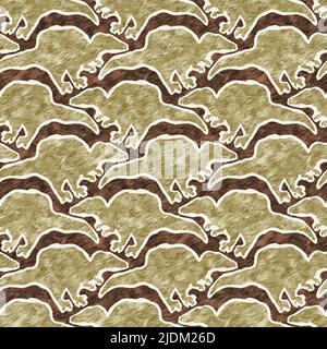 Braunes, handgezeichnetes Spinosaurus-Dinosaurier-Nahtloses Muster. Gender Neutral Jurassic fossile Silhouette für Baby-Nursery. Home Dekor für Museum, Aussterben Stockfoto