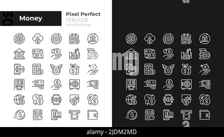 Geldpixel perfekte lineare Symbole für den dunklen, hellen Modus Stock Vektor