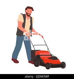 Mann mäht Gras mit Rasenmäher, Arbeiter des Wartungsdienstes hält Push-Maschine Stock Vektor