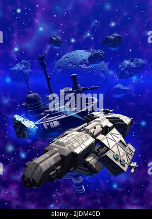Raumschiff, das das Wrack einer Raumbasis in der Nähe eines Aeroidfeldes erkundet. 3D Rendern Stockfoto