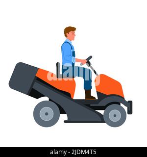 Mann mäht Gras mit Rasenmäher Traktor, männlich Landwirt und Fahrer fahren Rasenmäher Maschine Stock Vektor
