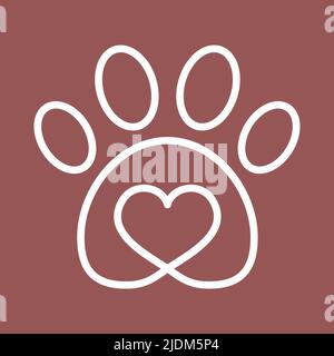 Symbol für die Pfote-Herzlinie. Tierpflegekonzept. Haustier Liebe Idee. Logo-Vorlage für die Tierklinik. Haustiergeschäft Geschäftsschild. Adoptieren Sie einen Hund oder eine Katze. Vektor, flach. Stock Vektor