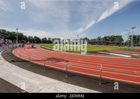 Die Abbildung zeigt die Nemette-Arena vor einer Pressekonferenz und die offizielle Eröffnung der neuen Einrichtungen im Vorfeld der Leichtathletik-Veranstaltung „Meeting International d'Athletisme de la Province de Liege“ in Lüttich, Mittwoch, 22. Juni 2022. BELGA FOTO BRUNO FAHY Stockfoto