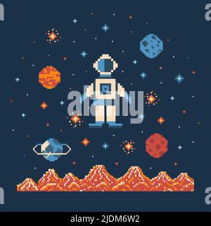 Pixel Art Retro Astronaut im Weltraum Stock Vektor