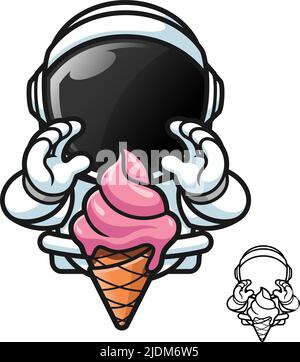 Niedlicher Astronaut mit schmelzendem Eis in Waffelkegel mit schwarz-weißer Linienkunstzeichnung, Wissenschaft im Weltraum, Vektor-Charakterillustration Stock Vektor