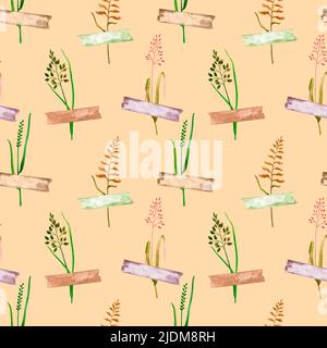 Nahtloses Muster mit Aquarell-Wildkräutern auf natürlichem Hintergrund. Design zum Einwickeln von Papier, Papeterie, Stoff, Tapeten und anderem Druck. Stockfoto