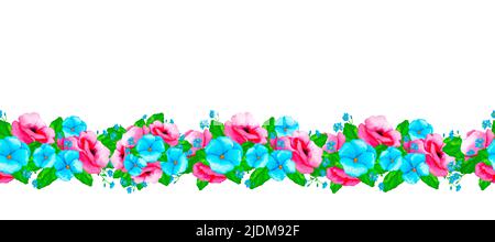 Nahtlose Grenze mit Wildblumen und wilden Kräutern. Gestaltungselement für Karten, Einladungen, Poster, Stoffdrucke, Muster, Briefpapier, Logo, Etikett. Stockfoto