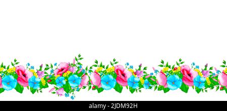 Nahtlose Grenze mit Wildblumen und wilden Kräutern. Gestaltungselement für Karten, Einladungen, Poster, Stoffdrucke, Muster, Briefpapier, Logo, Etikett. Stockfoto