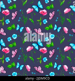 Nahtloses Muster. Aquarell Blumen und Schmetterlinge auf einem dunklen Hintergrund. Mohnblumen, Vergissmeinnicht, Stiefmütterchen. Design zum Einwickeln von Papier, Stoff. Stockfoto