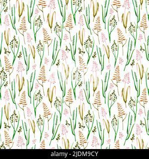 Nahtloses Muster. Aquarell Wildwiesenkräuter auf weißem Hintergrund. Design zum Einwickeln von Papier, Stoff, Tapeten und anderen Bedruckungen. Stockfoto