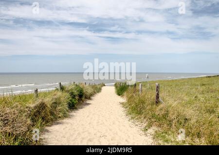 Sandpfad, der diagonal durch die Dünen zum Strand führt, mit der Nordsee im Hintergrund, zwischen Zandvoort und Noordwijk in den Niederlanden Stockfoto