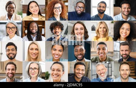 Virtuelle Konferenz, Webinar, Videobildschirm für Online-Meetings. Gruppe von Mitarbeitern, Kollegen, die eine App für die Videokommunikation, virtuelle Konferenzen oder die Kamera nutzen. Collage aus verschiedenen Menschen Stockfoto