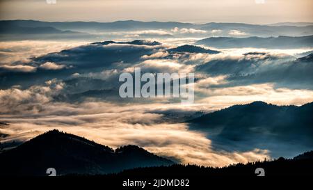 Sonnenaufgang in den Rarauer Bergen, Ostkarpaten, Rumänien. Stockfoto