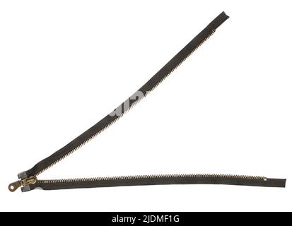 Öffnen Sie den Reißverschluss isoliert auf weißem Hintergrund, Nahaufnahme Stockfoto