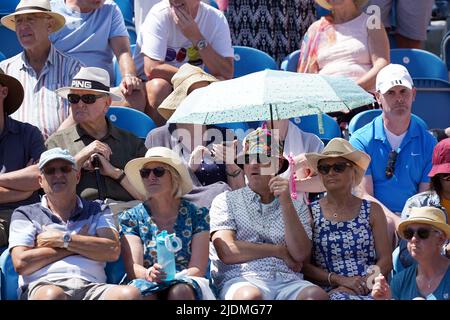 Am fünften Tag des Rothesay International Eastbourne im Devonshire Park, Eastbourne, schützen sich die Zuschauer vor der Sonne. Bilddatum: Mittwoch, 22. Juni 2022. Stockfoto