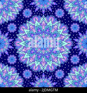 Nahtloses Muster mit Mandalas auf dunklem Hintergrund. Vektor Stock Vektor