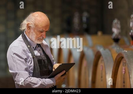 Ein im Kaukasus erfahrener Winzer überprüft eine Weinalterung in Fässern mit einem Touchpad-Tablet. Traditionelles und modernes Technologiekonzept. Stockfoto