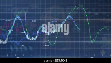 Bild von Finanzdaten und Grafiken über der Weltkarte auf dem Hintergrund der Marine Stockfoto