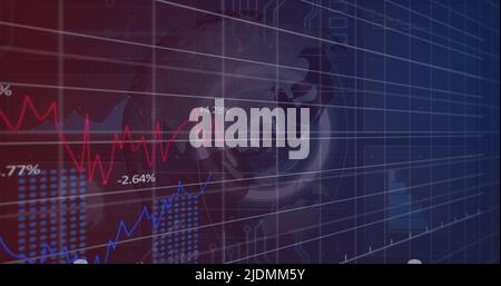 Abbildung von Finanzdaten und -Diagrammen über dem rotierenden Globus Stockfoto