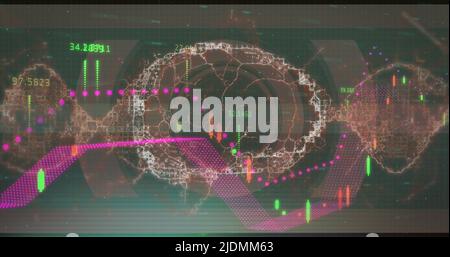 Bild des Scannens und der Datenverarbeitung über dem Gehirn Stockfoto